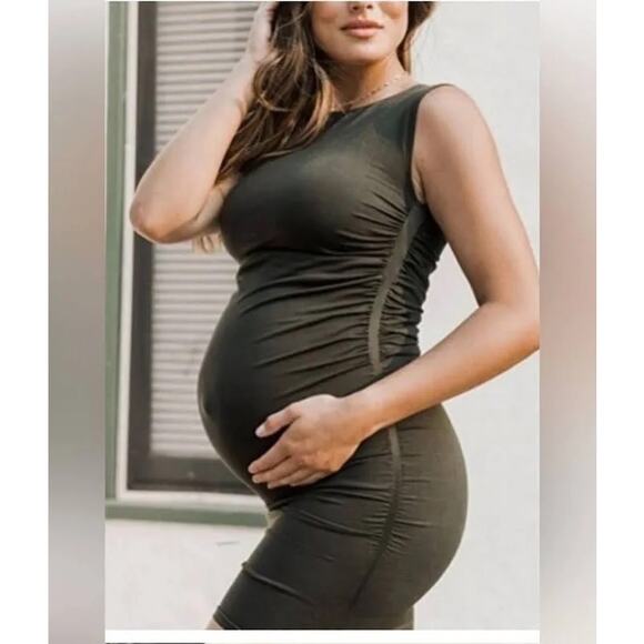 Blanqi Olive Green Sleeveless Everyday Ruched Maternity Dress Stretch Size S/M - Picture 1 of 6